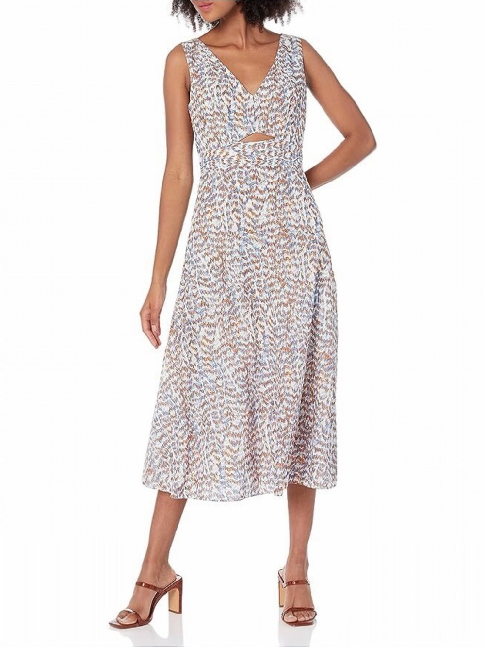 THEORY Abstract Print A-Line Sleeveless V-Neck Cut-Out Cocktail Midi Dress NEW